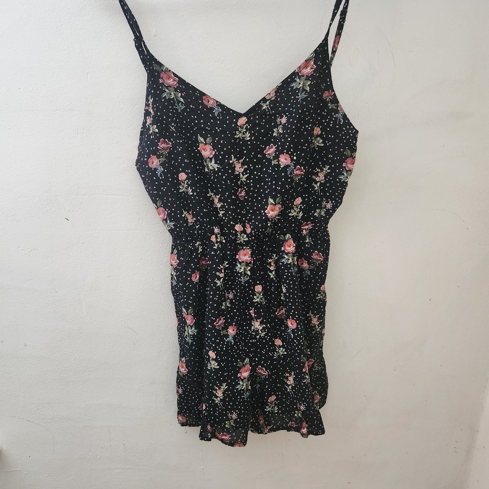 Bershka BSKGIRL Floral Polka Dot Romper Black Pink XS Lace Up Back Summer